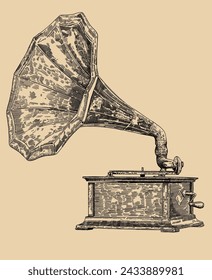 Isolated, pen and ink, vintage gramophone illustration.