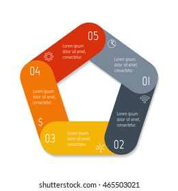 Isolated pentagonal paper infographic layout with 5 options. Connected circular number banner template for diagram, presentation or chart. EPS10 round sequence infographic element.