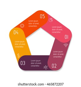 Isolated pentagonal paper infographic layout with 5 options. Connected circular number banner template for diagram, presentation or chart. EPS10 round sequence infographic element.