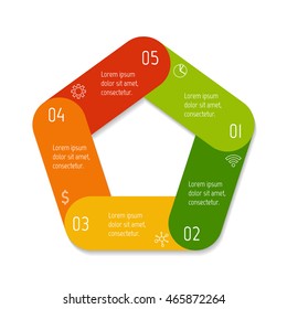 Isolated pentagonal paper infographic layout with 5 options. Connected circular number banner template for diagram, presentation or chart. EPS10 round sequence infographic element.