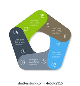 Isolated pentagonal paper infographic layout with 5 options. Connected circular number banner template for diagram, presentation or chart. EPS10 round sequence infographic element.