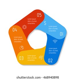 Isolated pentagonal paper infographic layout with 5 options. Connected circular number banner template for diagram, presentation or chart. EPS10 round sequence element.
