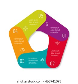 Isolated pentagonal paper infographic layout with 5 options. Connected circular number banner template for diagram, presentation or chart. EPS10 round sequence element.