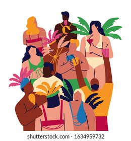 Isolated people in carnival costumes. Card for carnival in Brazil. Crowd in carnival costumes. Concept of festival, party.Design element for banner, poster, card.Flat vector illustration