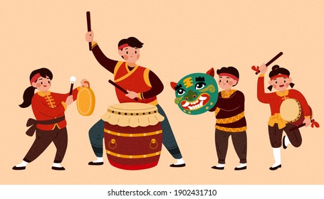 Isolated people characters for Chinese new year activity or parade. Cute Asian children playing traditional Chinese drum and instrument.