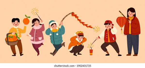 Isolated people characters for Chinese new year activity. Cute Asian children lighting firecrackers or holding lantern and orange basket.