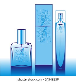 isolated perfume bottles in blue