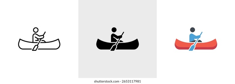 Uma pessoa isolada é mostrada remando uma canoa vermelha usando uma pá azul. A pessoa é retratada na arte da linha, silhueta e estilos de cores.