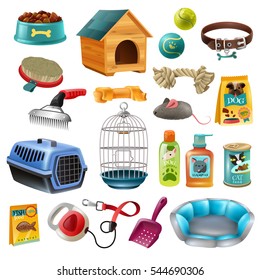 Isolated pet care accessory images set with wooden kennel dog-lead toys brushes and preserved food vector illustration