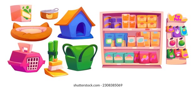 Isolated pet shop interior cartoon vector rack set. Animal toy and feed in store shelf with cage and accessory to buy. Domestic care for puppy. Household equipment equipment with sleep pillow bed