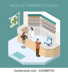 Isolated pharmaceutical production composition with sales of pharmaceuticals headline and pharmacy corner vector illustration