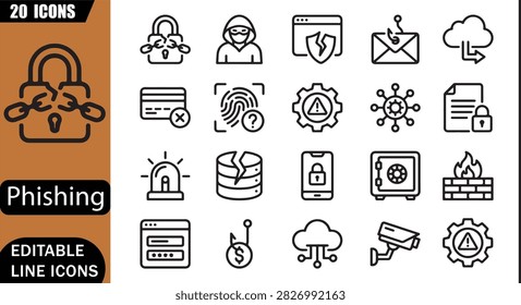 Isolated phishing protection icons set, 20 editable line art icons set, cyber attack, data theft, identity theft, online fraud, warning, internet security, cyber defense theme style, clean vector