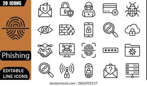 Isolated phishing security icons set, 20 editable line art icons set, cybersecurity, scam, fraud, email, hacker, privacy, malware, phishing prevention theme style, clean outline vector