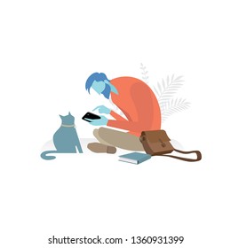 Isolated, phone, communicate, addiction, boy, girl, man, chatting, cat, researching