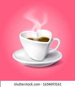 Isolated photo realistic vector illustration of a heart-shaped cup filled with hot coffee and steam over a cup. Pink background. Editable EPS vector