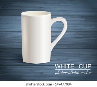 Isolated photorealistic empty white cup on wooden background. You can use it for your natural interior design. Vector illustration.