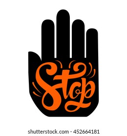 the isolated phrase Stop. Vector illustration with hand-drawn lettering on background. Elements for labels, logos, badges, stickers or icons.