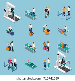 Isolated physiotherapy rehabilitation isometric people icon set with patients at doctor appointment vector illustration