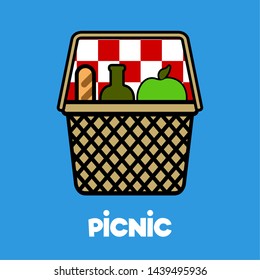 Isolated picnic basket with a bread, an apple and a wine bottle - Vector