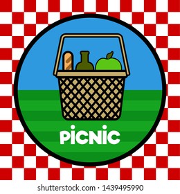 Isolated picnic basket with a bread, an apple and a wine bottle - Vector