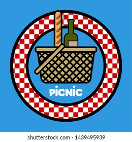 Isolated picnic basket with a bread and a wine bottle on a napkin textured label - Vector