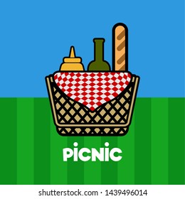 Isolated picnic basket with a bread, a wine bottle and a sauce bottle - Vector