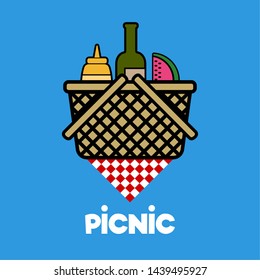 Isolated picnic basket with a sauce bottle, a wine bottle and a watermelon - Vector