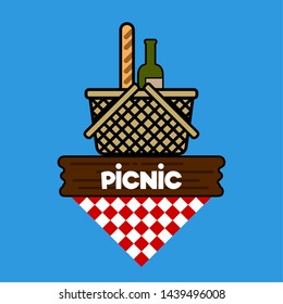 Isolated picnic basket with a wine bottle and a bread on a table - Vector