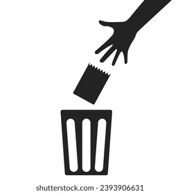 Isolated pictogram of black silhouette hand throw plastic wrap in to trash bin basket, for keep clean, no littering environment sign