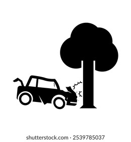 Isolated pictogram car crash on tree, vehicle street accident sign, automobile collision icon