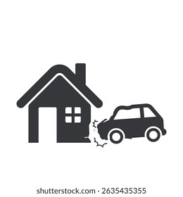 Isolated pictogram of car crashing into house wall, symbolizing vehicle accident, road safety warning, and reminder to drive carefully