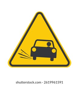 Isolated pictogram of a car with flying gravel and small objects on the road, warning about debris hazards