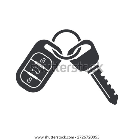 Isolated pictogram of car key with remote alarm and key chain ring, symbol for vehicle security, access, and automotive technology.