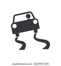 Isolated pictogram a car slipping, creating skid marks on the road, warning about slippery and wet conditions