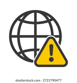 Pictograma aislado que combina el símbolo de precaución y el globo terráqueo, que representa la advertencia de navegación por Internet, la conciencia de seguridad digital, el riesgo de ciberseguridad y el concepto de protección de datos global.