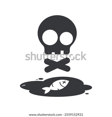 Isolated pictogram dangerous environment, with dead fish, plant, tree on polluted water area