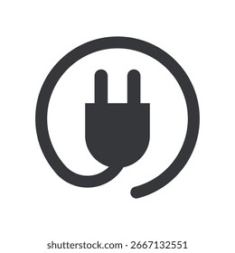 Isoliertes Piktogramm des elektrischen Steckers innerhalb einer kreisförmigen Umrisslinie, das die Begriffe Elektrizität, Energie, Stromanschluss, Aufladung, Technologie, Versorgungsunternehmen und elektrische Sicherheit darstellt.