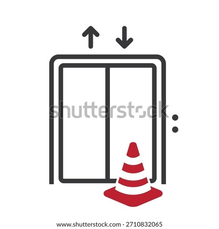 Isolated pictogram of an elevator with a traffic cone in front, symbolizing temporary out-of-service condition, broken lift warning, and maintenance safety notice.