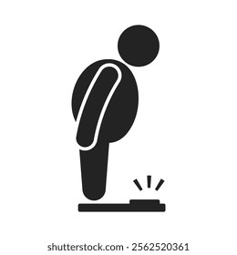 Isolated pictogram fat person weight measure on scale, shocked big belly man