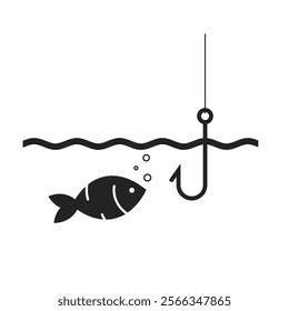 An isolated pictogram of a fish in water, with a fishing hook, glyph style, found in river, sea, or lake, indicating fishing