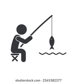 Isolated pictogram glyph of a person fishing in water, holding a rod with a hook and fish caught on the line