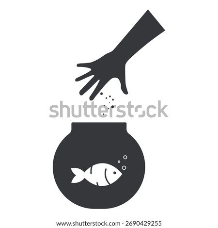 Isolated pictogram of hand feeding fish in tank, symbol for aquarium signage, pet care, and aquatic environment awareness.