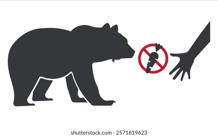 Isolated pictogram: A hand feeding vegetables to a bear with a prohibition sign indicating Do not feed wildlife