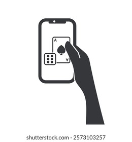 isolated pictogram hand holding a smartphone with an online gambling game displayed on the screen