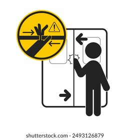 Isolated pictogram hand pinched by door, for lift, elevator, bus, train, entrance safety caution sign