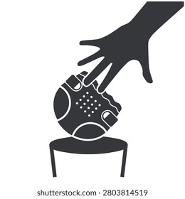 Isolated pictogram icon of dedicated diaper bin with hand disposing used baby diaper safely