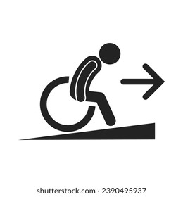 Isolated pictogram icon of disable, ill, handicapped person on wheel chair and direction arrow, for wheelchair ramp entrance sign