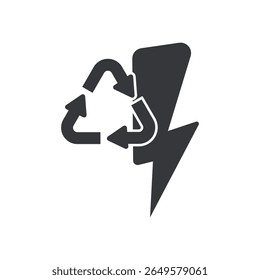 Isolated pictogram icon of electrical recycle symbol, featuring power reuse and electric lightning within a triangle recycle sign for sustainability awareness.