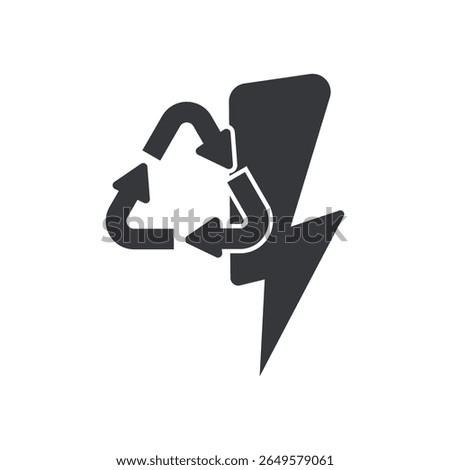 Isolated pictogram icon of electrical recycle symbol, featuring power reuse and electric lightning within a triangle recycle sign for sustainability awareness.