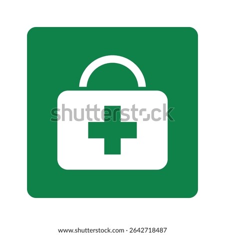 Isolated pictogram icon of emergency first aid kit label, green sticker used for identifying medical supplies and health safety equipment quickly